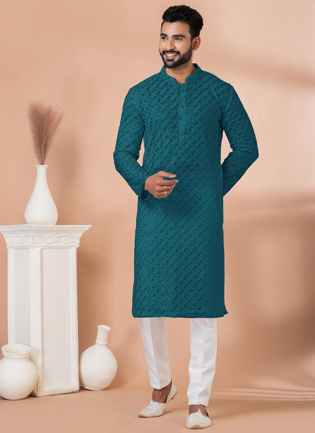 Georgette Teal Festival Wear Sequins Work Readymade Kurta Pajama